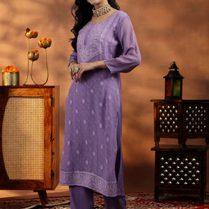 Lavender Embroidered Organza Straight Suit With Dupatta