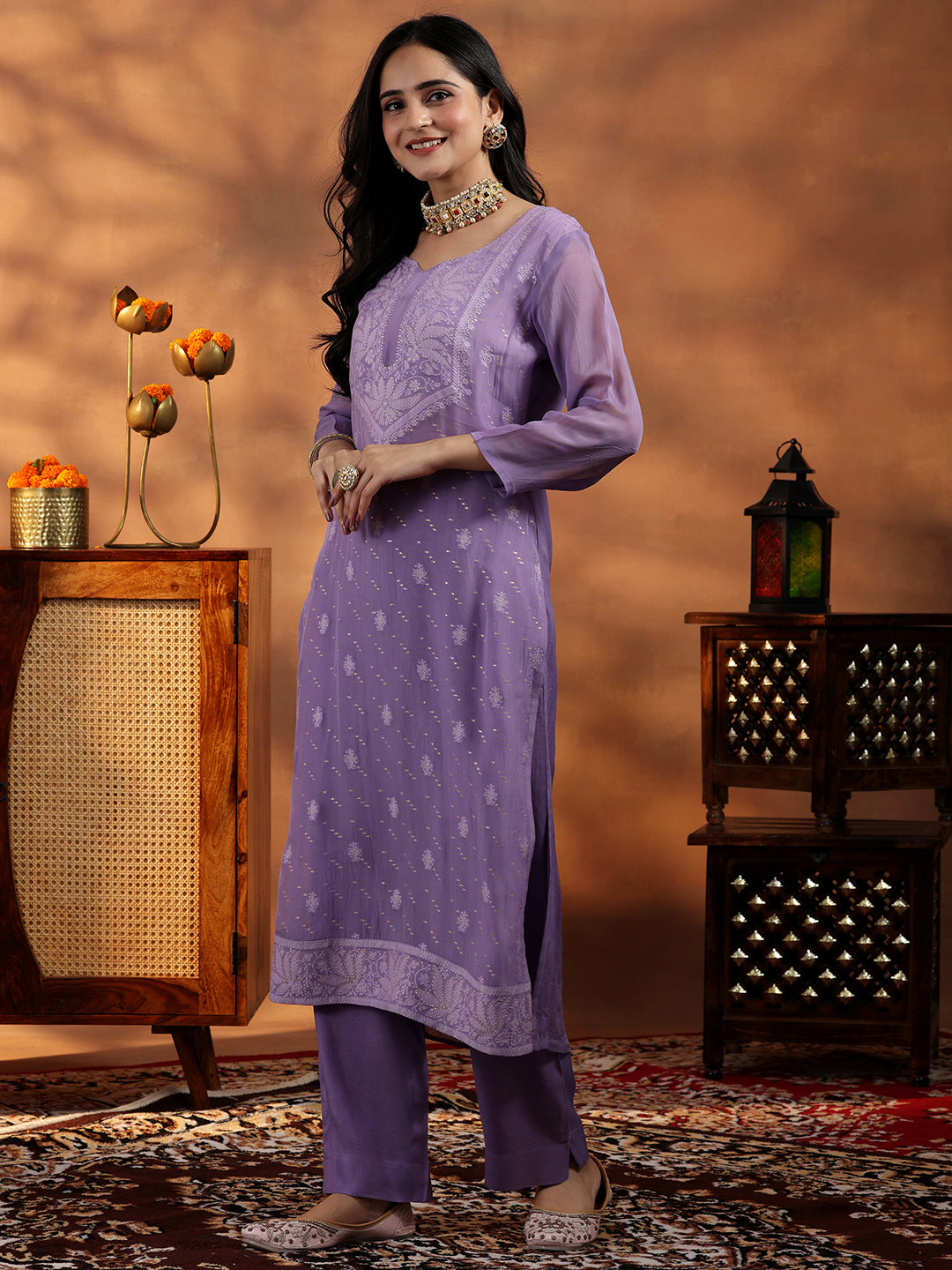 Lavender Embroidered Organza Straight Suit With Dupatta