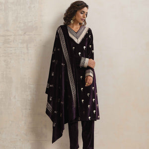 trueBrowns Wine Velvet Floral Embroidered Kurta Pant Dupatta Set
