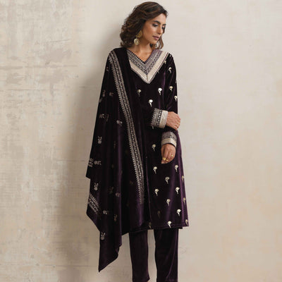 trueBrowns Wine Velvet Floral Embroidered Kurta Pant Dupatta Set
