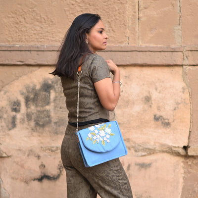 Blue - Drizzle Stitch Hand Embroidery Canvas Clutch/Sling Bag