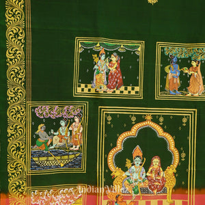 Green With Light Pink Ramayan Theme Hand-Painted Pattachitra Saree