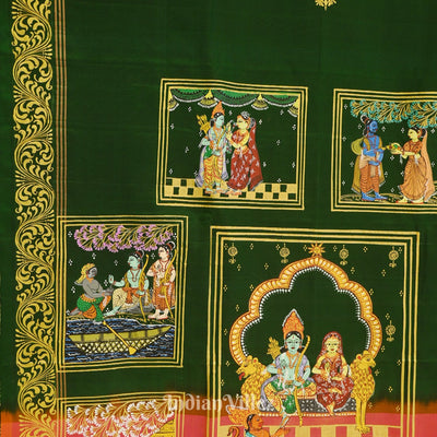 Green With Light Pink Ramayan Theme Hand-Painted Pattachitra Saree