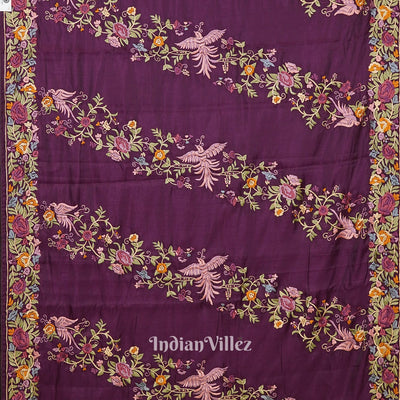 Maroon Parsi Gara Floral Motif Hand Embroidered Saree
