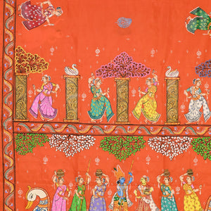 Deep Orange Radha Krishna Boita Hand-Painted Pattachitra Saree