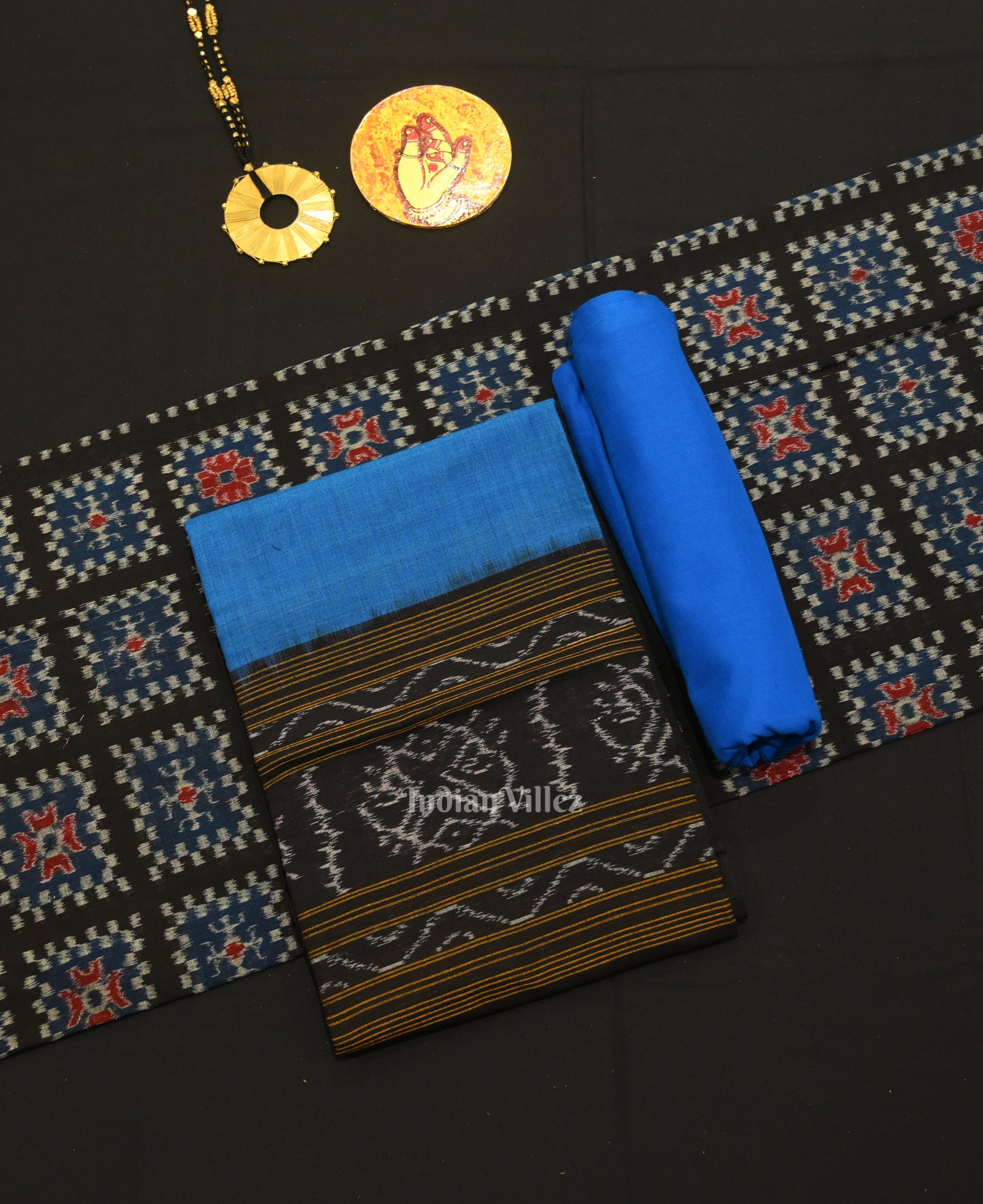 Black Blue Odisha Ikat Sambalpuri Dress Set & Dupatta