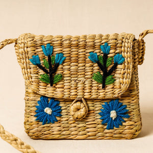 Brown - Handcrafted Natural Water Reed Embroidered Sling Bag
