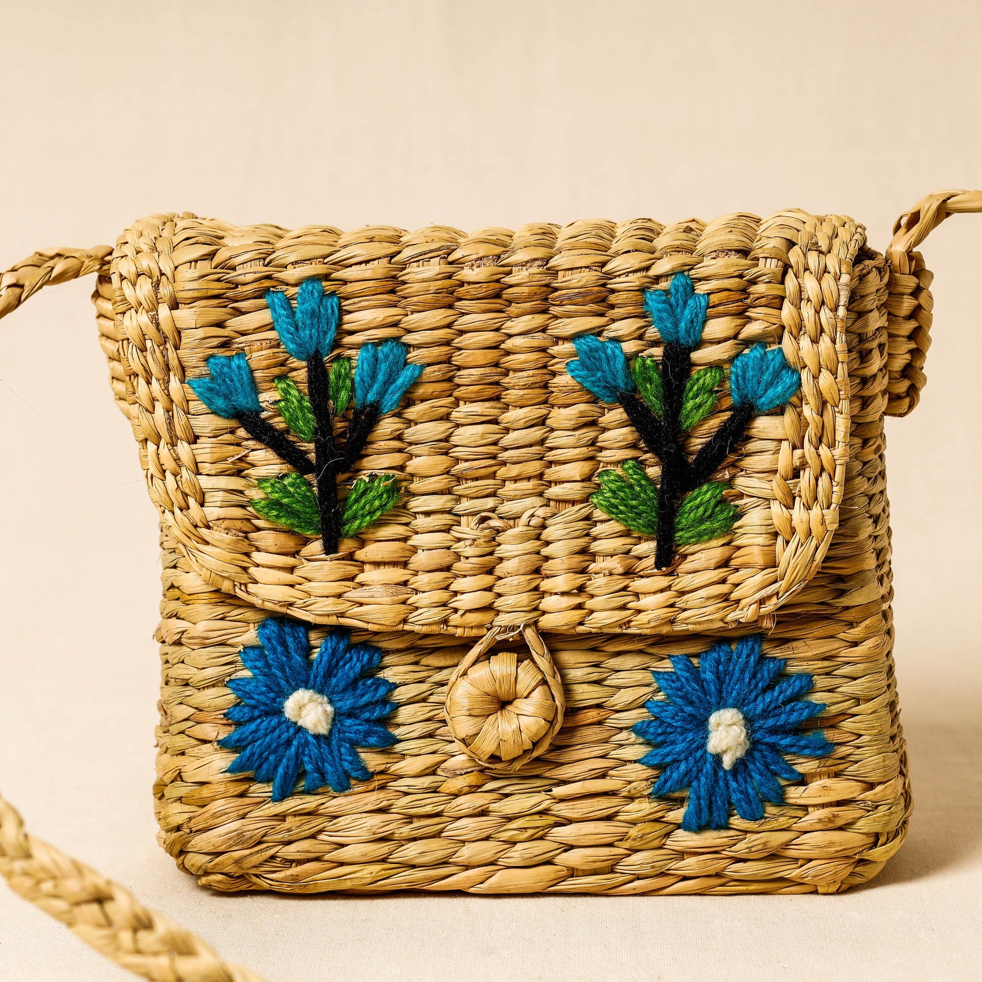 Brown - Handcrafted Natural Water Reed Embroidered Sling Bag