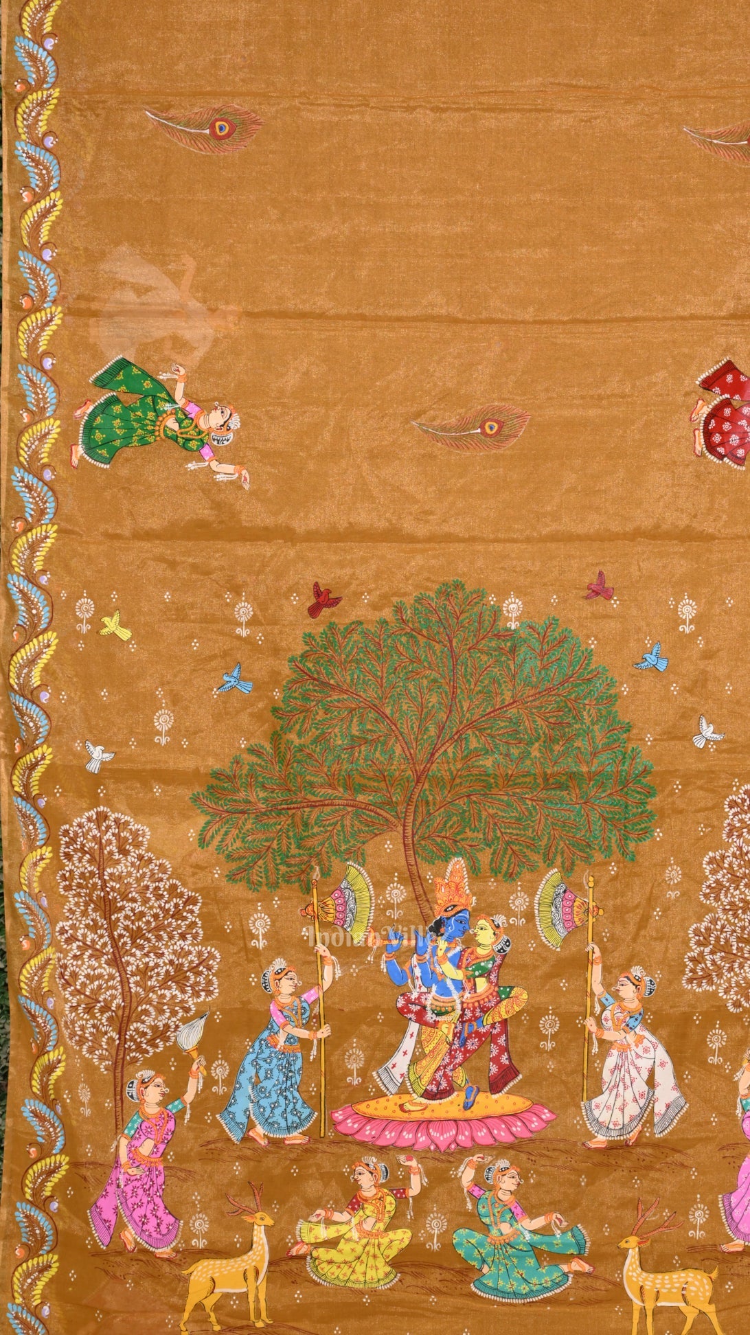 Honey Gold Radha  Krishna Theme Hand- Painted Pattachitra Saree