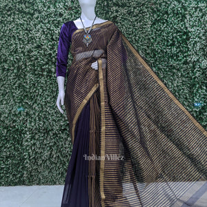 Purple Stripped Pure Silk Cotton Maheshwari Saree