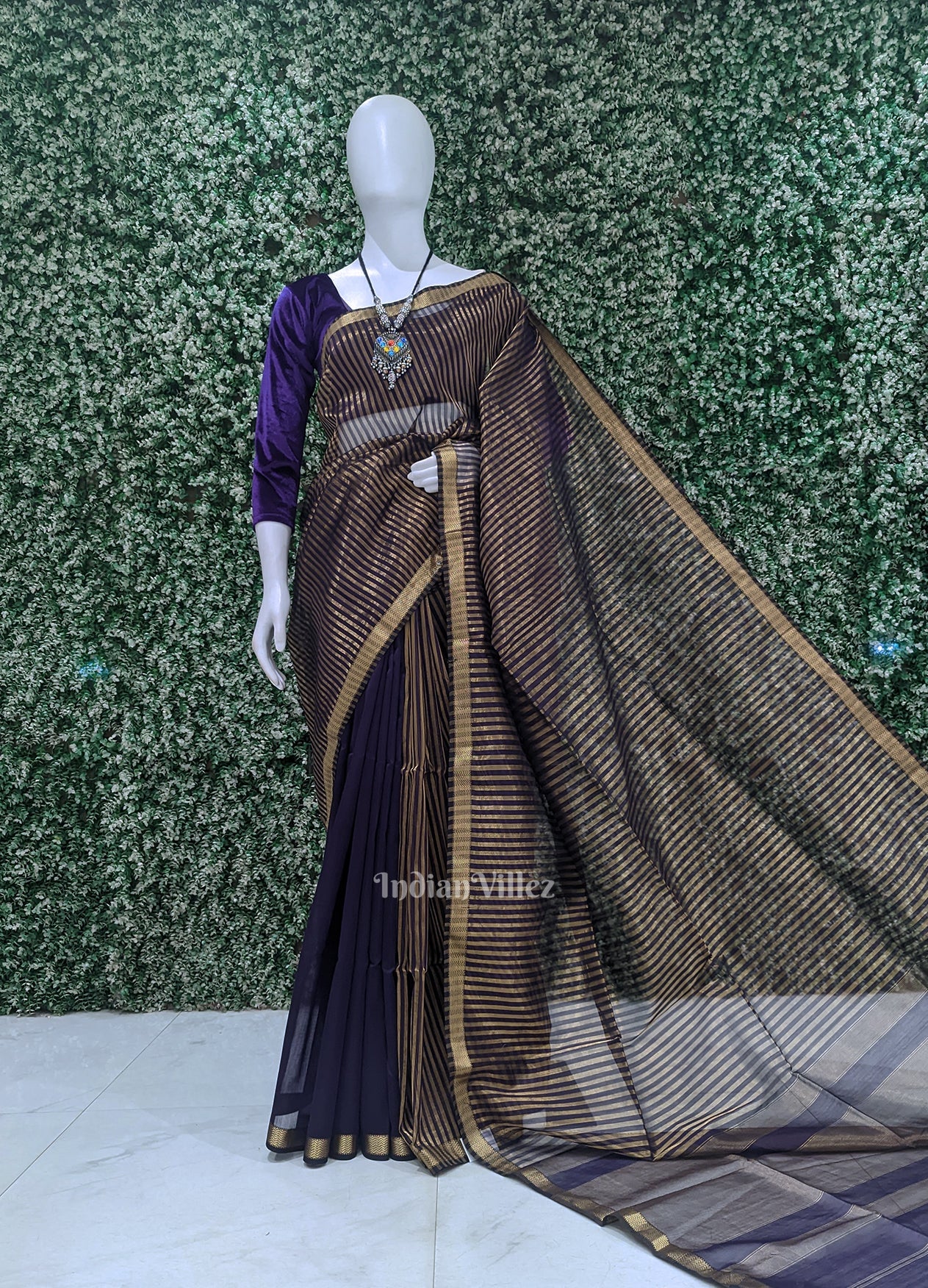 Purple Stripped Pure Silk Cotton Maheshwari Saree