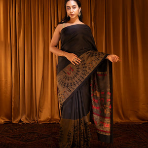 Black Handloom Soft Silk Saree With Tribal Motifs-Black