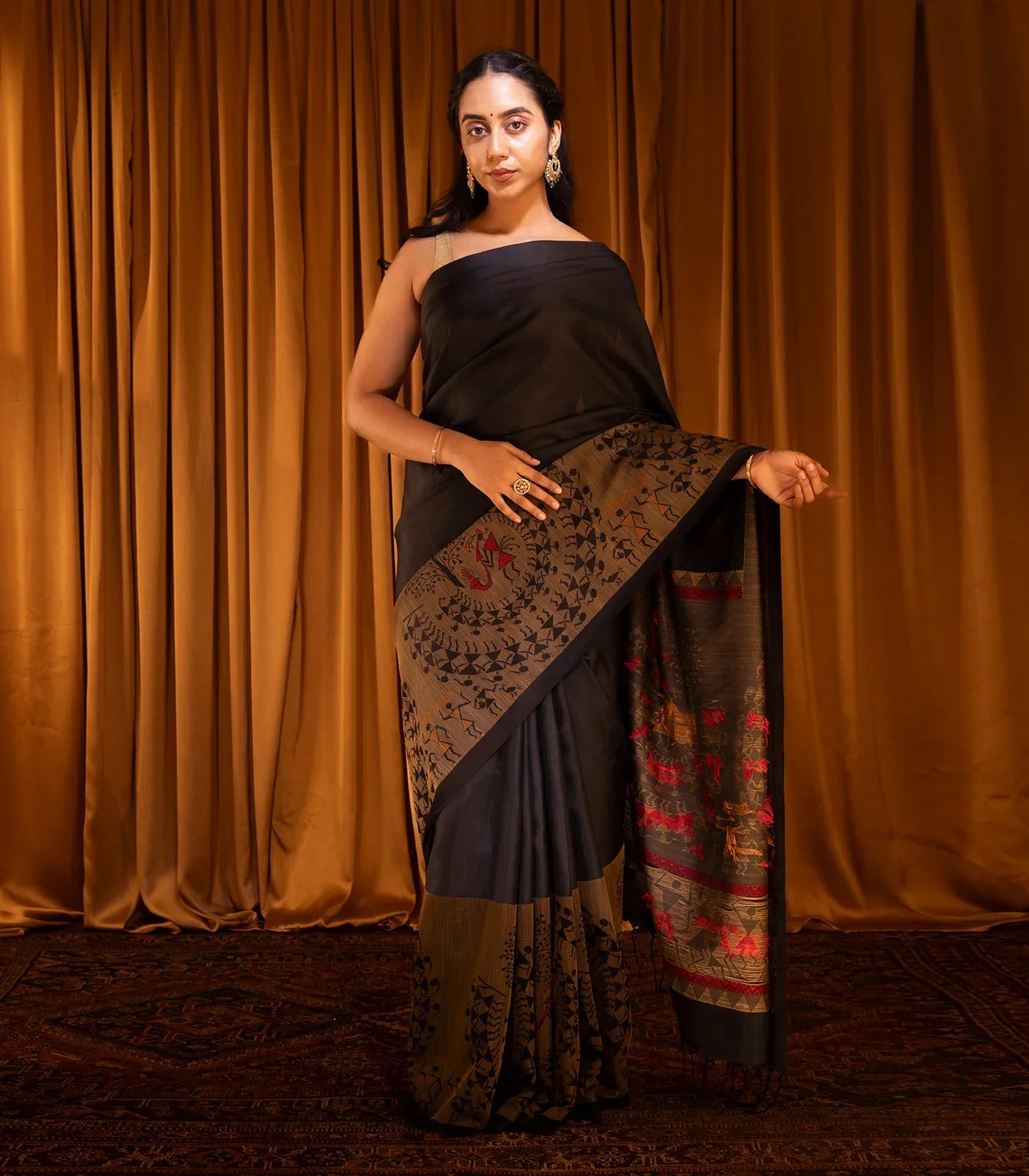 Black Handloom Soft Silk Saree With Tribal Motifs-Black