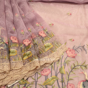 Baby Pink Floral Theme Kora Organza Banarasi Saree