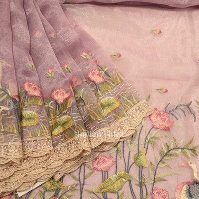 Baby Pink Floral Theme Kora Organza Banarasi Saree
