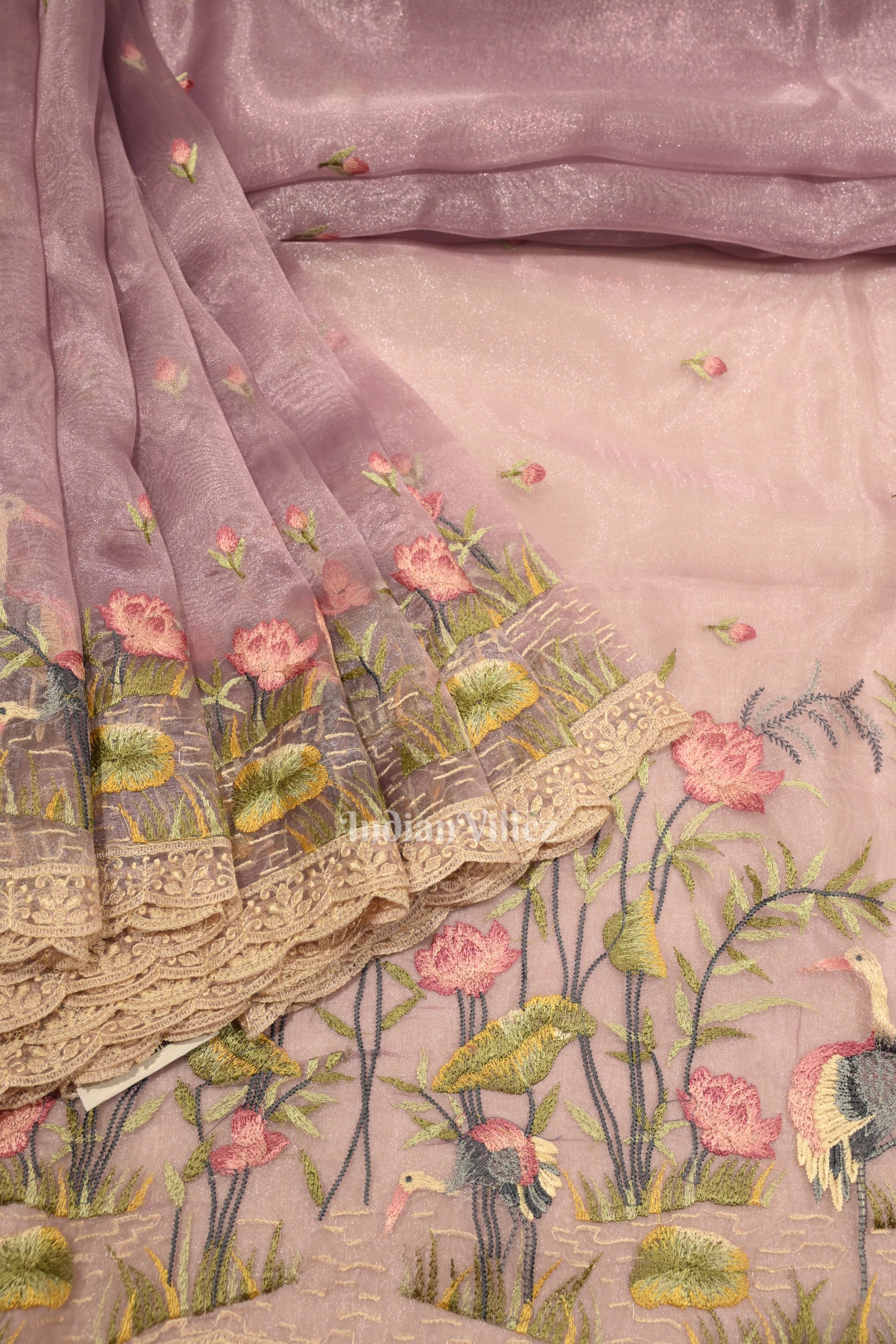 Baby Pink Floral Theme Kora Organza Banarasi Saree