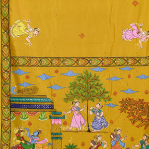 Yellow Radha Krishna Rasa Leela Hand-Painted Pattachitra Saree
