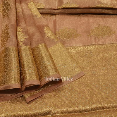 Peach Pink Zari Woven Tissue Banarasi Saree