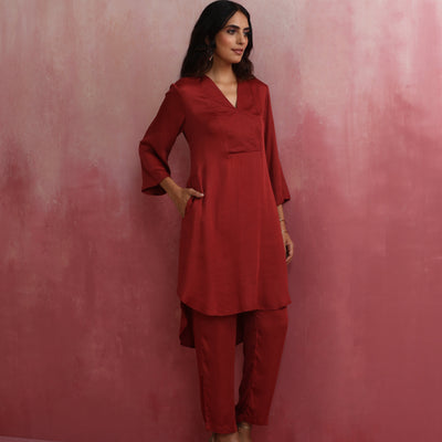 trueBrowns Maroon Modal V Neck Kurta Co-ord Set