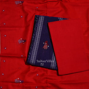 Blue Red  Doll Odisha Ikat Sambalpuri Cotton Dress Set with Dupatta