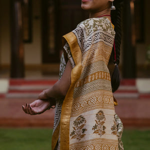 Green Handloom Chanderi Cotton Saree With Printed Floral Motifs