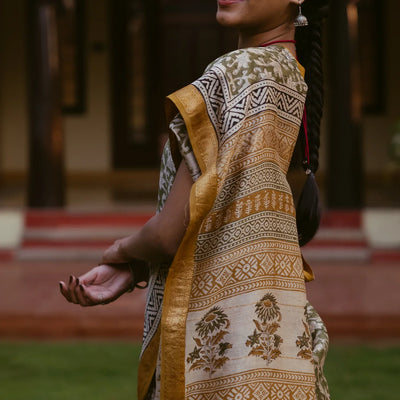 Green Handloom Chanderi Cotton Saree With Printed Floral Motifs