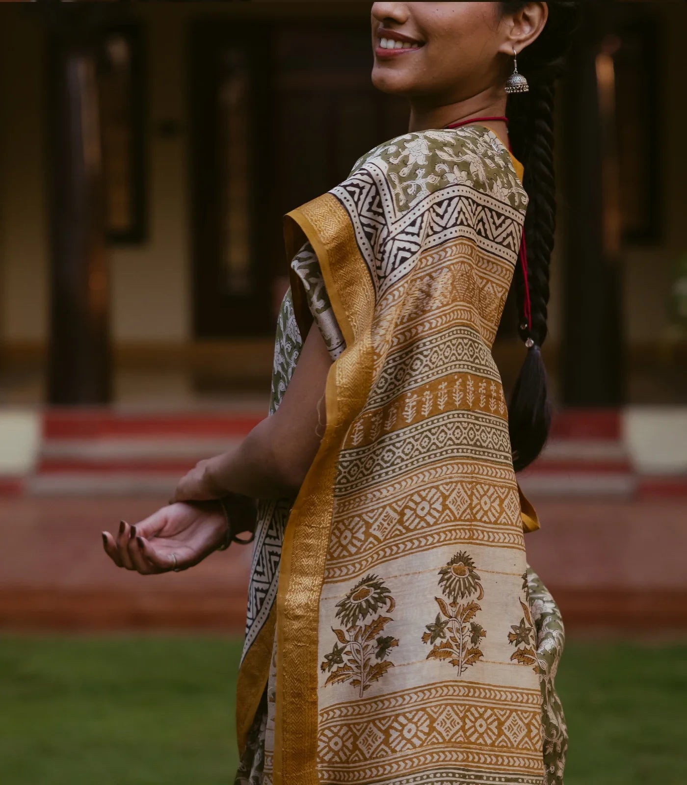 Green Handloom Chanderi Cotton Saree With Printed Floral Motifs