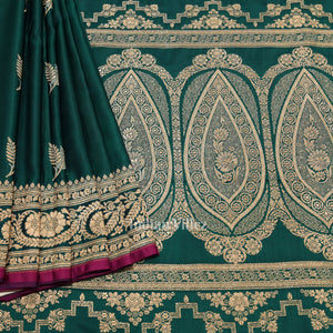 Dark Bottle Green Banarasi with Silver Satin Silk Saree