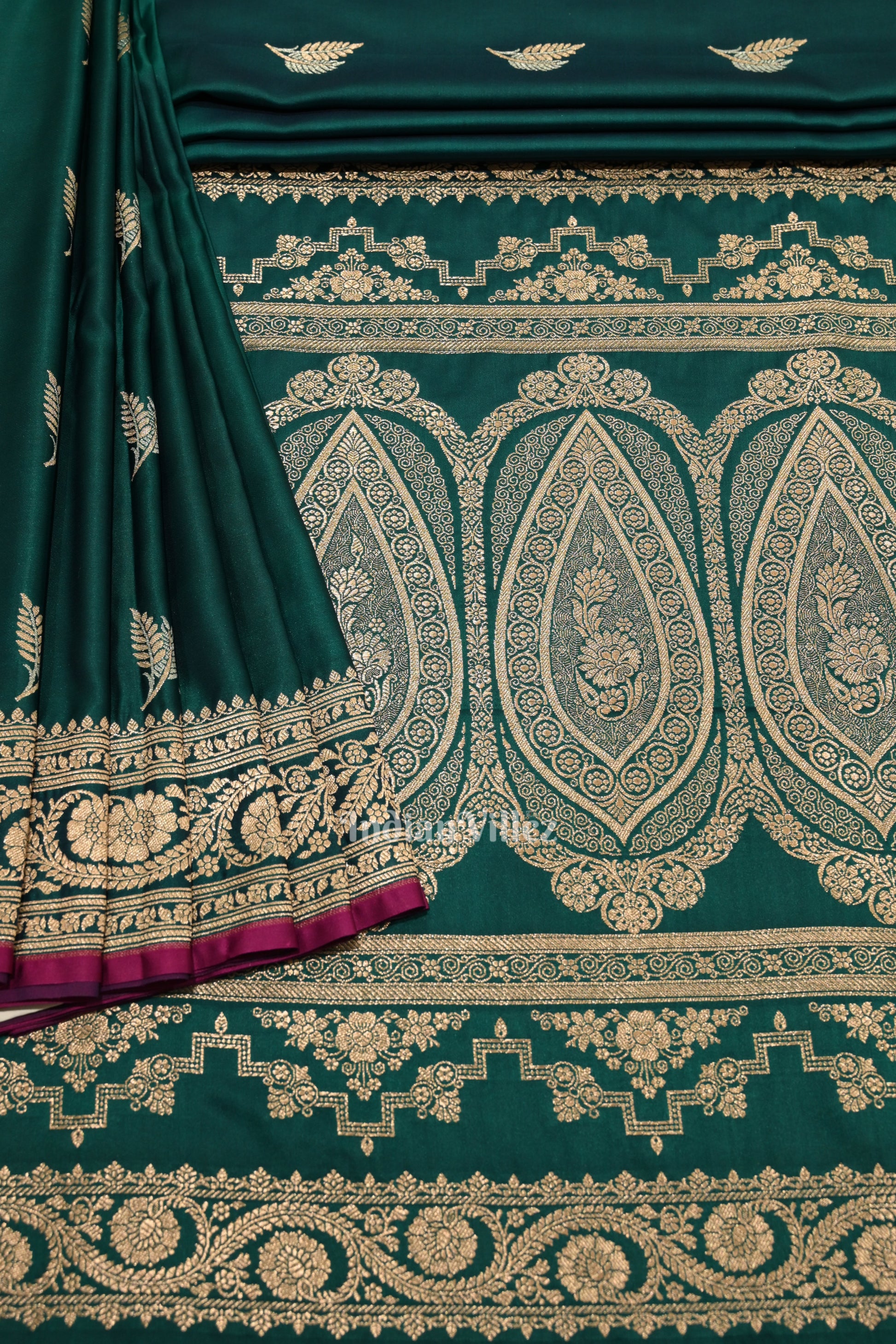 Dark Bottle Green Banarasi with Silver Satin Silk Saree