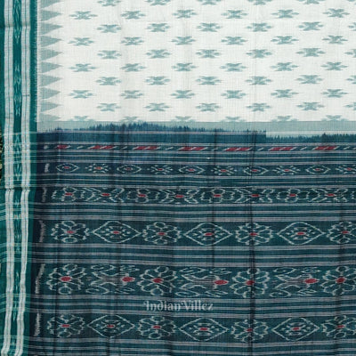 White Teal Green Mayur Chandrika Maniabandha Cotton Saree