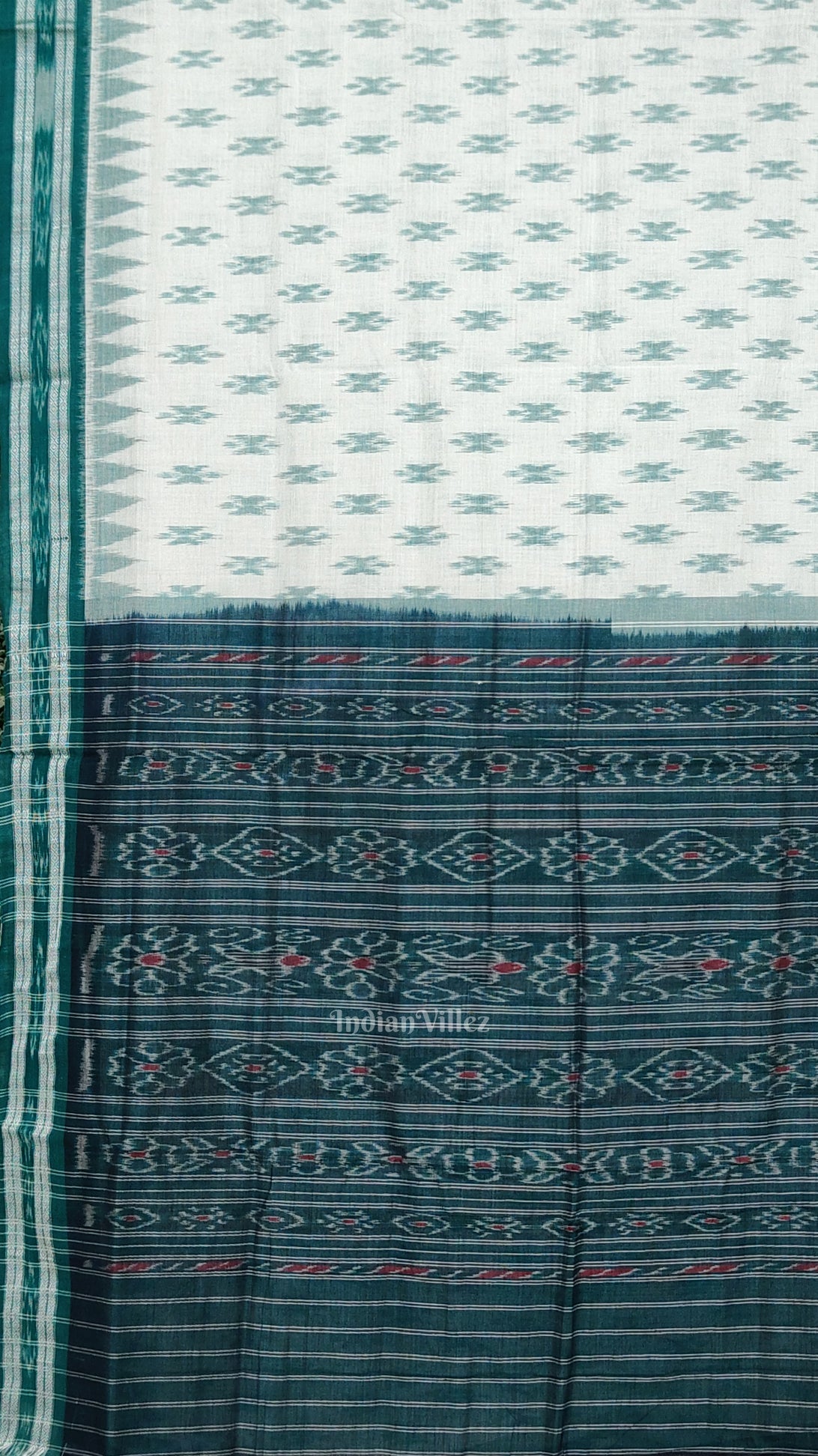 White Teal Green Mayur Chandrika Maniabandha Cotton Saree