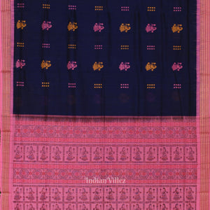 Navy Blue Pink Doll Theme Bomkai Cotton Saree