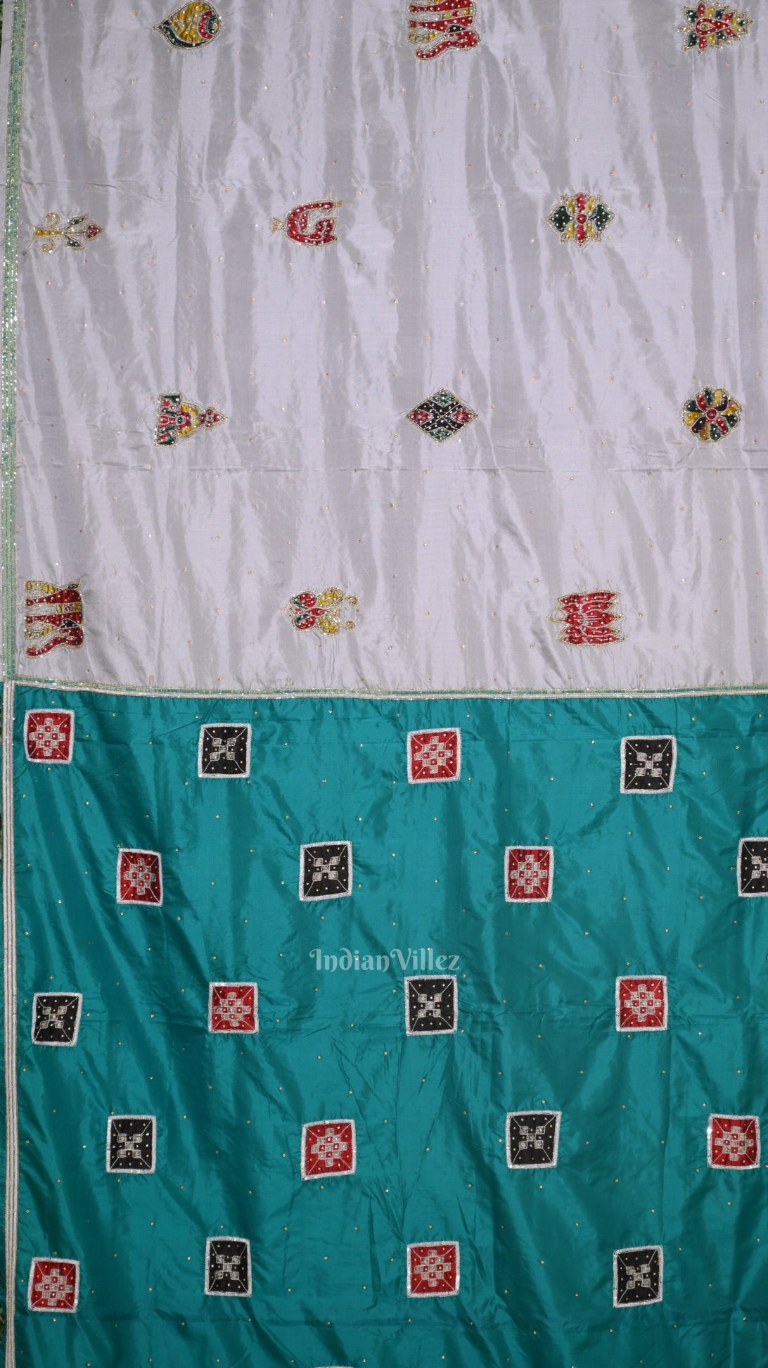 Blue Cement Square Motif Pure Silk Hand Embroidered Saree