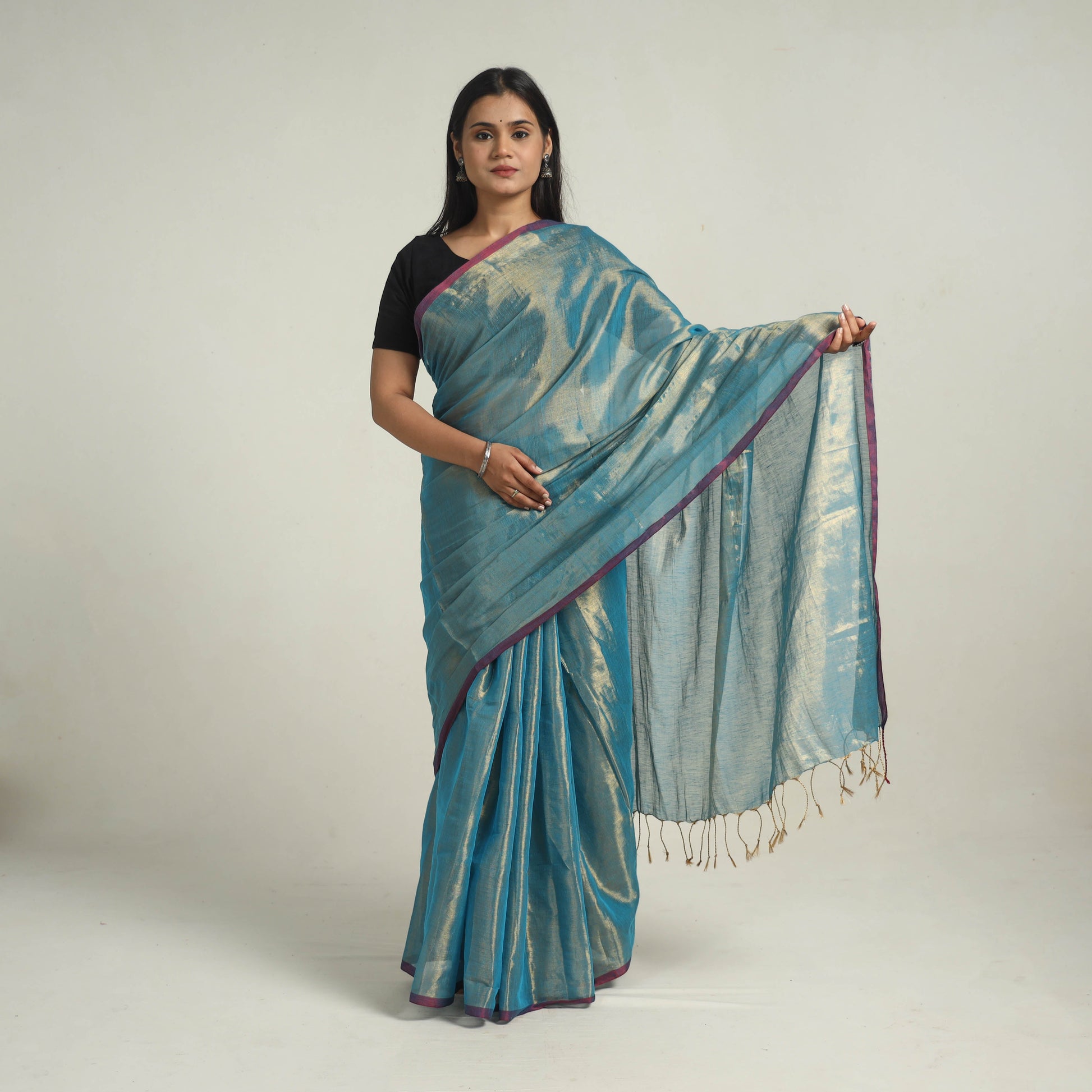 Blue - Bengal Fine Tissue Zari Saree 01