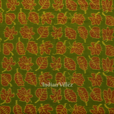 Green Autumn Leaves Motif Sambalpuri Ikat Cotton Fabric