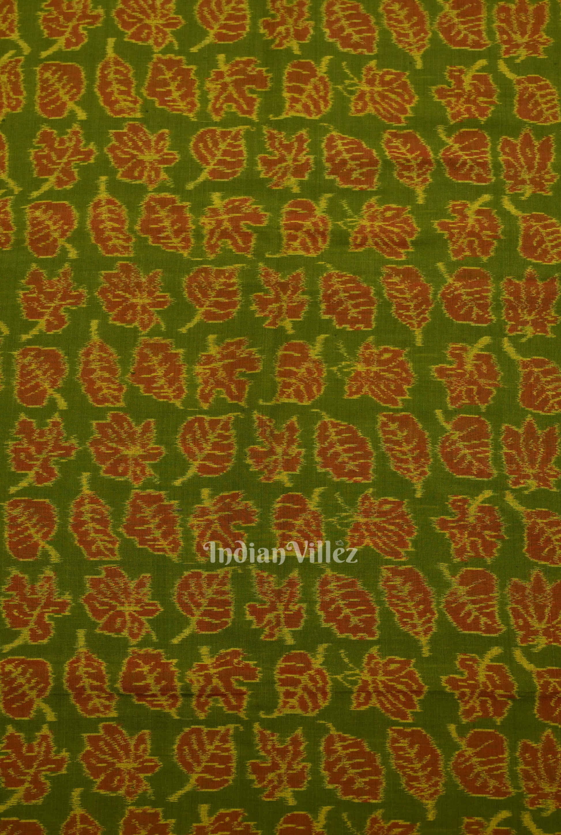 Green Autumn Leaves Motif Sambalpuri Ikat Cotton Fabric