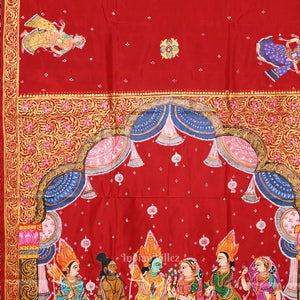 Red  Seeta Vivah  Hand-Painted Pattachitra Saree