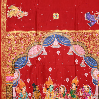 Red  Seeta Vivah  Hand-Painted Pattachitra Saree