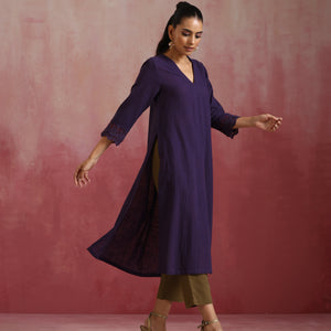 trueBrowns Purple Cotton Dobby Kurta Set