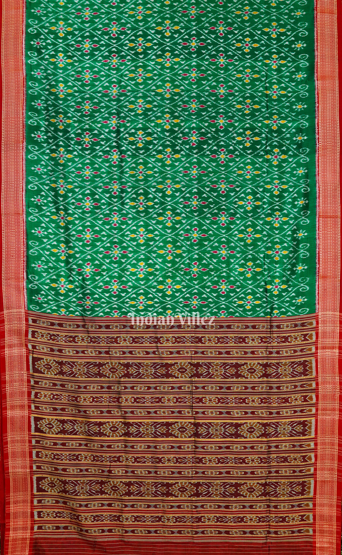 Dark Green Flower Motif Odisha Ikat Khandua Silk Saree