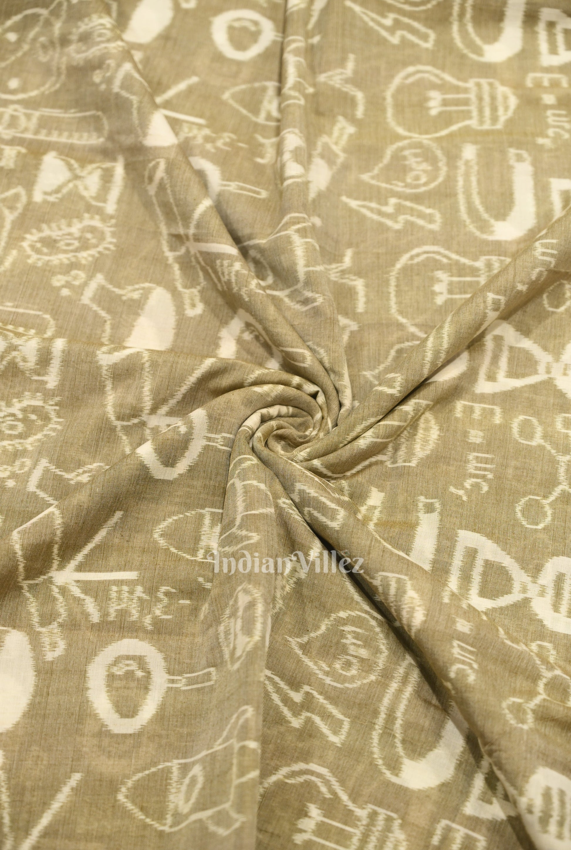 Light Beige Sceince Theme Sambalpuri Odisha Ikat Cotton Fabric