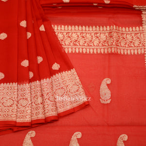 Deep Red Pure Khaddi Chiffon Banarasi Saree