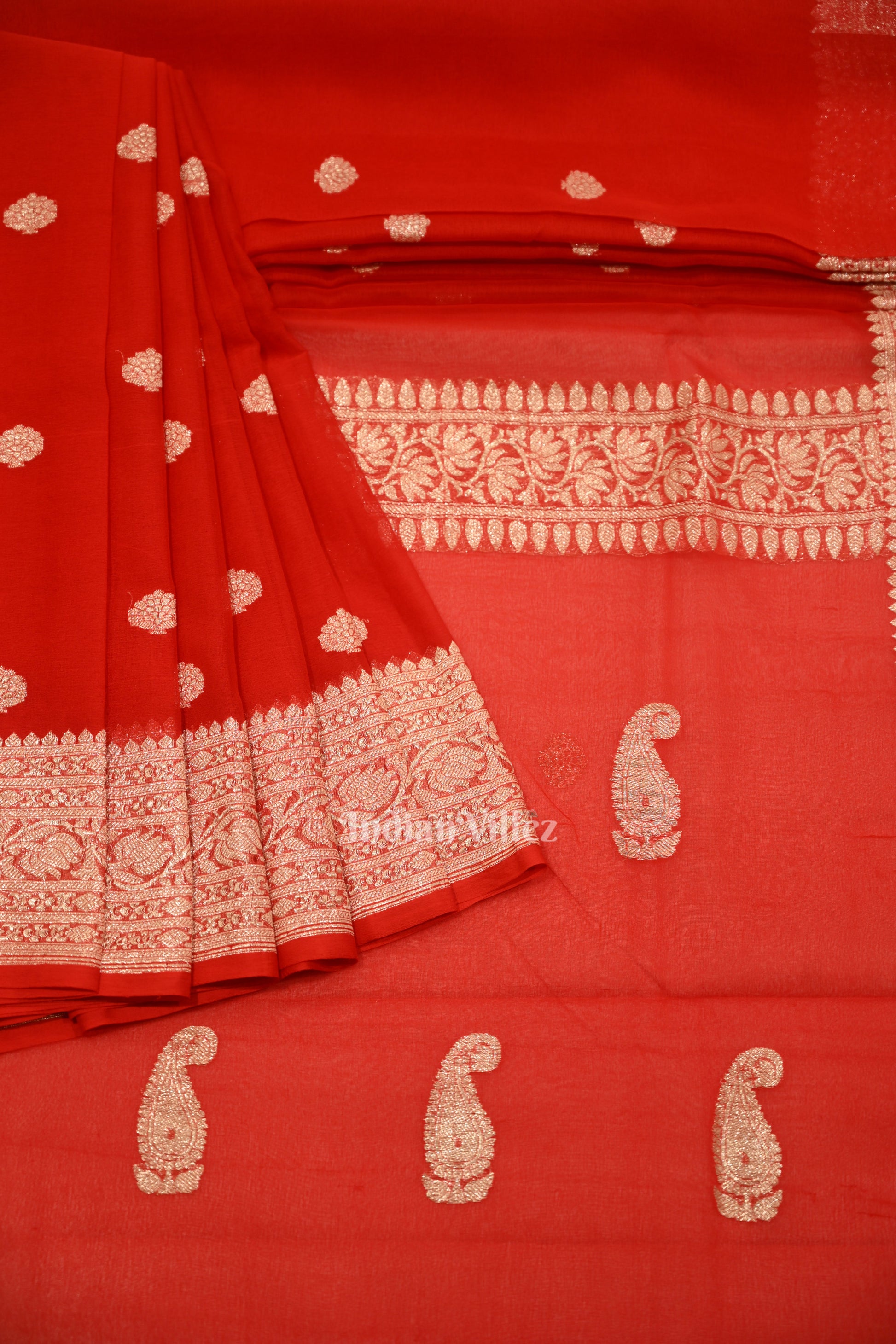 Deep Red Pure Khaddi Chiffon Banarasi Saree