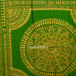 Parrot Green Dual Tone Tribal Themed Hand-Painted Pattachitra Saree