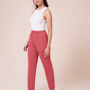 Women Solid Rusty Pink Mid Rise Casual Rib Pants