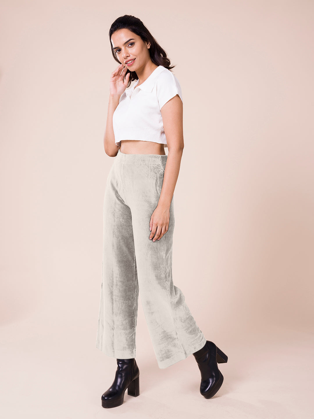 Women Solid Light Beige Mid Rise Corduory Wide Pants