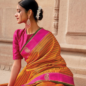 Orange Handloom Kanchipuram Silk Saree With Green Stripes