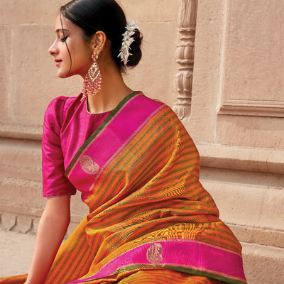 Orange Handloom Kanchipuram Silk Saree With Green Stripes