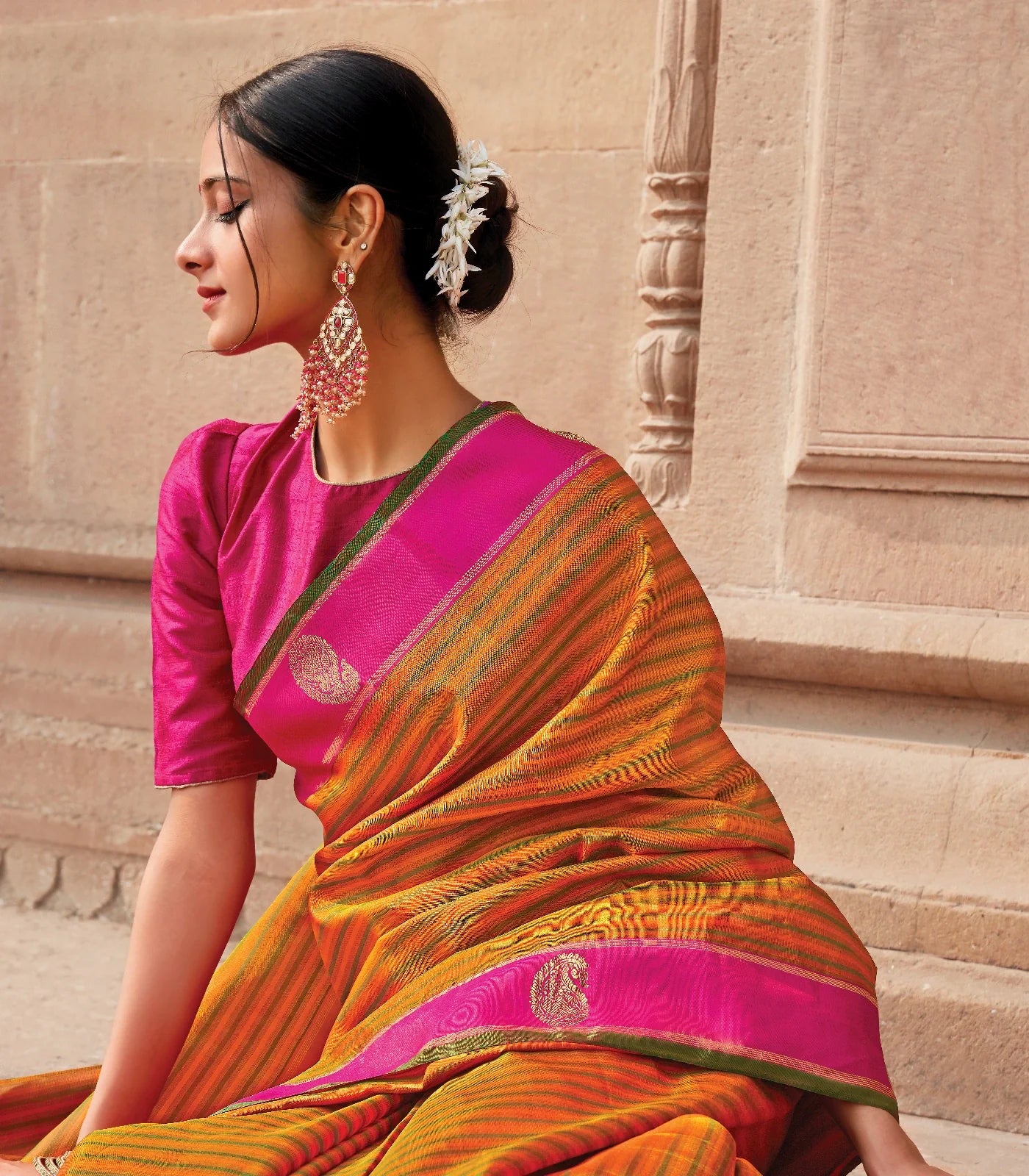 Orange Handloom Kanchipuram Silk Saree With Green Stripes