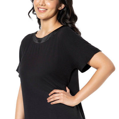 Satin Edge Half Sleeve Round Neck Sleep Top - Black